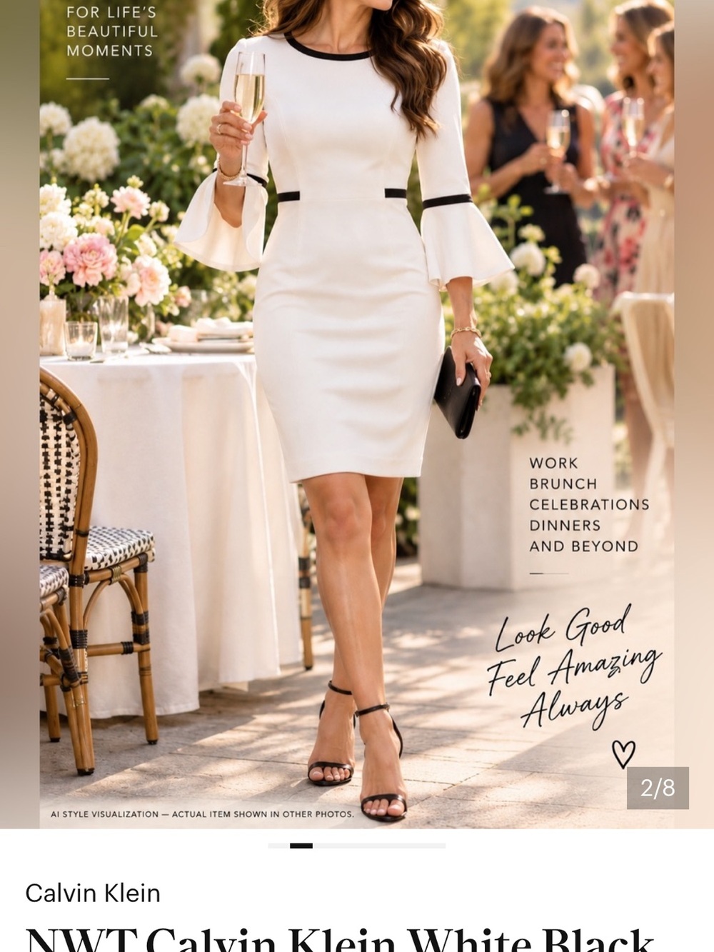 Calvin Klein White Midi Sheath Dress with Black Trim